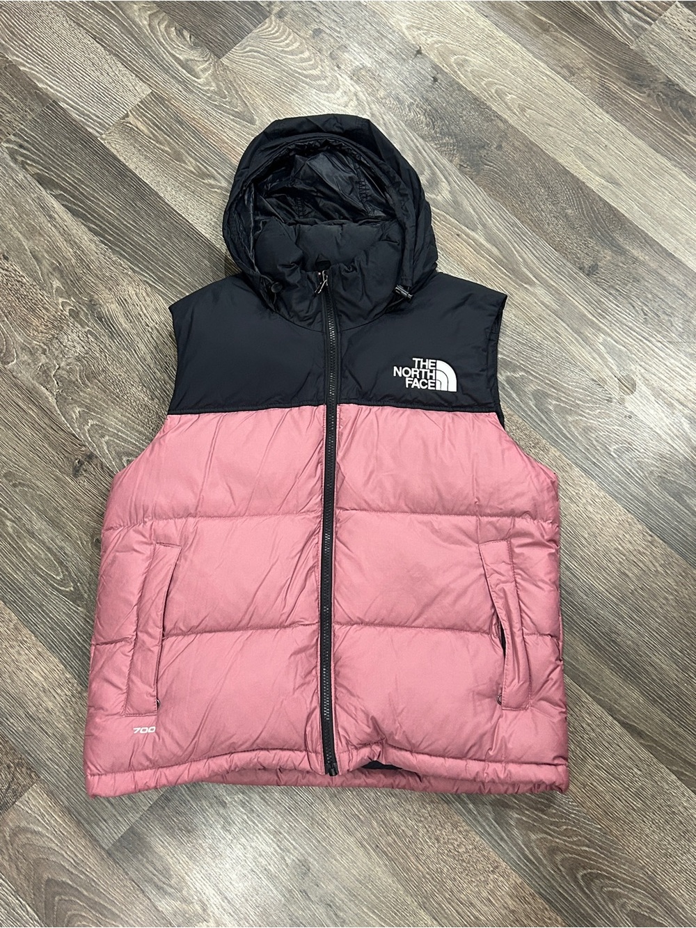 The North Face Nuptse 700 Puffer Vest in pink and black